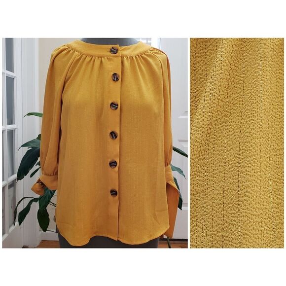 dressbarn Tops - Dressbarn Mustard Gold Metallic Thread Button Blouse Size XS See Description